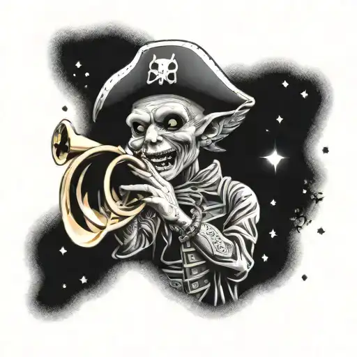 A Jazz-themed Tattoo Featuring A Pirate Alien Playing A Trumpet Under A Starry Sky