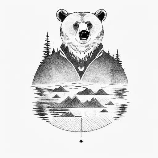 A Bear Swimming In A Lake Infront Of A Montain