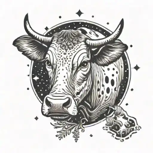 A Cow Peacefully Grazing Under A Mysterious Ufo Beam In A Dotwork Style