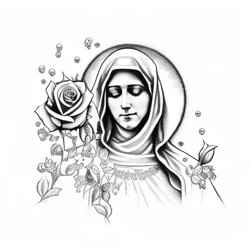 Sketch Of Virgin Mary With Roses And A Rosary