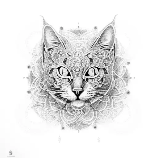 An Intricate Dotwork Mandala Featuring A Hidden Cat And The Letter M As A Central Element