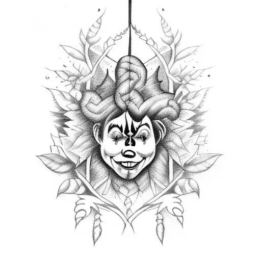 Design A Tattoo Of Koko The Clown Swinging From Tree Vines In A Dark And Enchanting Forest Setting