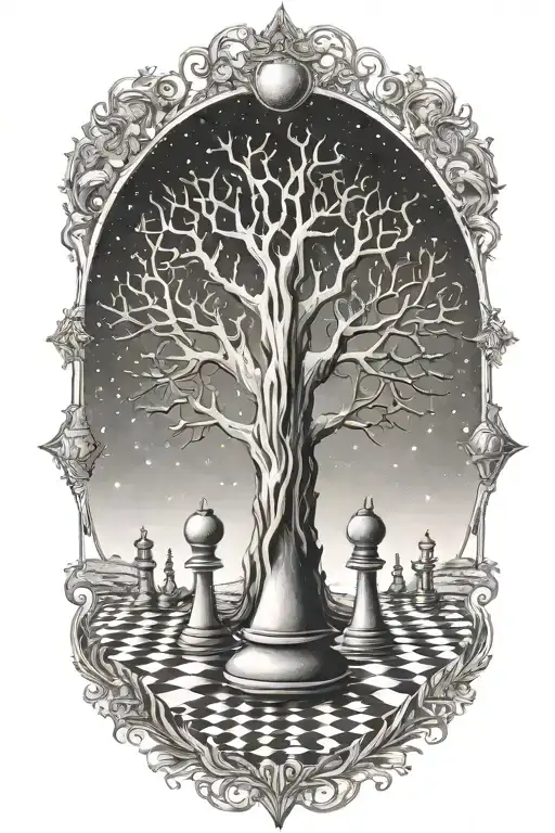 A Mystical Tree Growing Chess Pieces Under A Starlit Sky In Dotwork Style