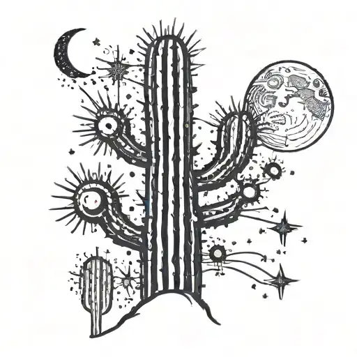 A Dotwork Tattoo Of A Saguaro Cactus With A Moon And Stars Shining Brightly In The Night Sky