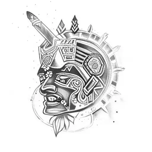 Aztec Warrior With Floral Outline And Mexican Culture