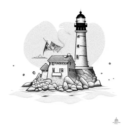 A Dotwork Tattoo Of A Lighthouse On A Rocky Cliff Overlooking The Ocean