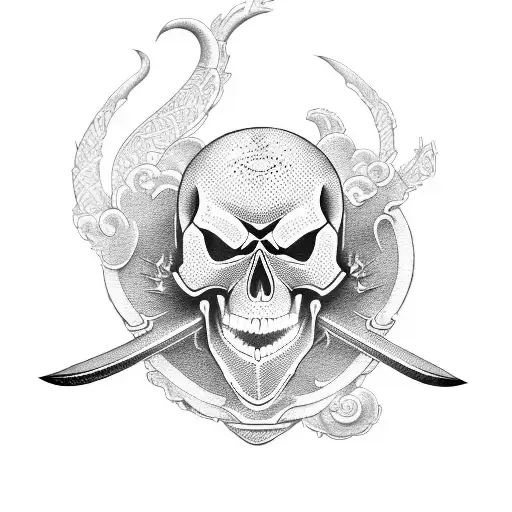 Design A Tattoo Of A Traditional Japanese Sword With A Skull Motif In Dotwork Style