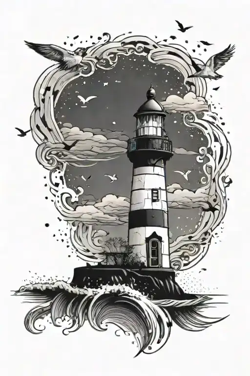 Lighthouse With Reflection In Water Waves Crashing And Birds In Sky