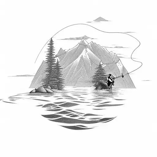 A Systems Developer Fishing In A Lake Infront Of A Big Mountain