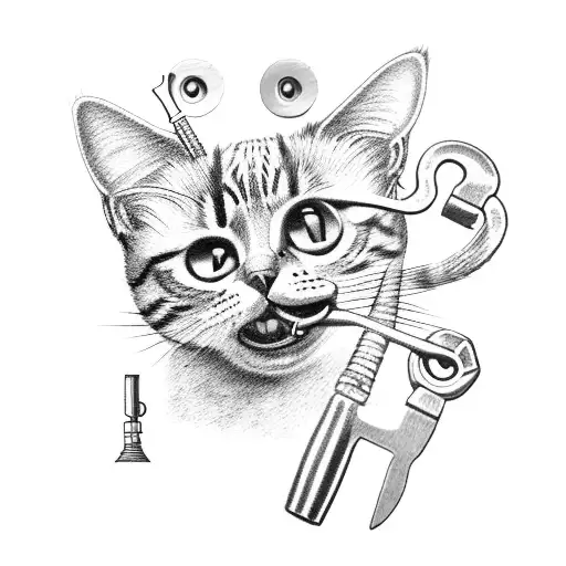 A Dotwork Tattoo Of A Cat With A Mechanic's Wrench In Its Mouth