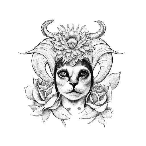 Woman With Ram Skull On Her Head Surounded By Flowers Flowers Vith A Cat