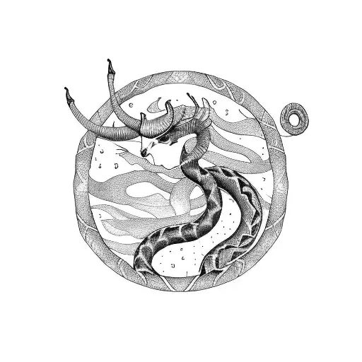 Capricorn In Forest And Snake On Grass