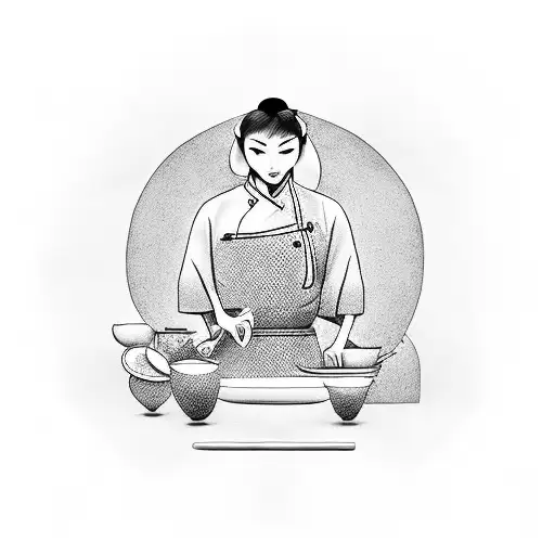 A Tattoo Of A Geisha Chef Cooking Up A Storm In A Bustling Kitchen