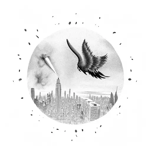 A Smoking Coffee Cup With Wings Flying Over A City Skyline
