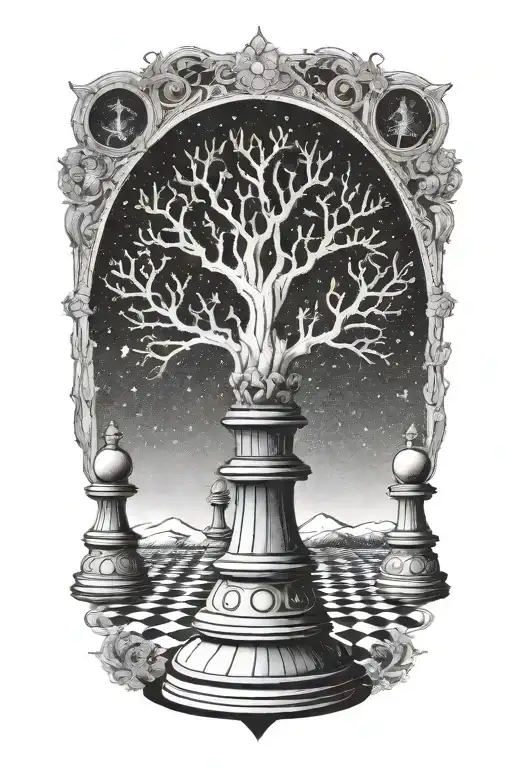A Mystical Tree Growing Chess Pieces Under A Starlit Sky In Dotwork Style
