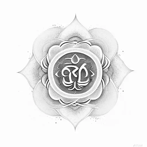 An Abstract Design Incorporating The 'Om' Symbol And Lotus Flowers