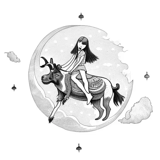 Girl Riding A Goat With A Moon