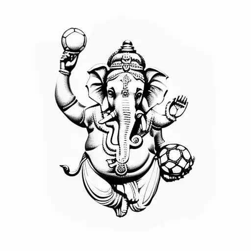Ganesha Holding An American Soccer And Soccer Ball