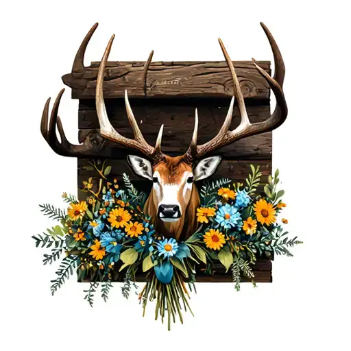 A Collection Of Hunting Trophies Displayed In A Rustic Cabin With A Bouquet Of Wildflowers