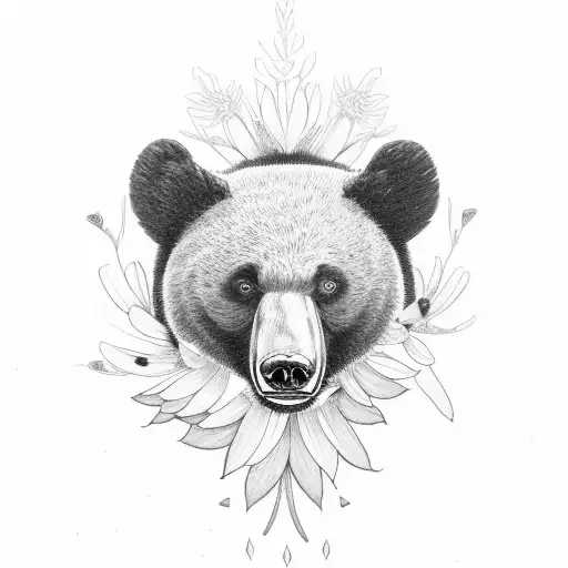 Formosan Black Bear Surrounded By Edelweiss Flowers And Silver Ferns