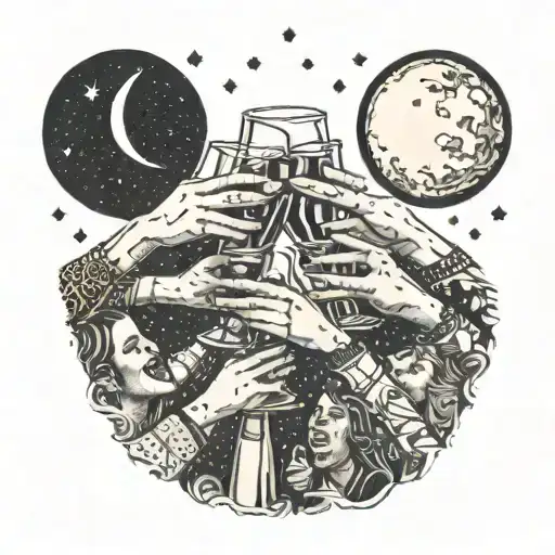 A Group Of Friends Raising Glasses In A Toast With The Moon And Stars In The Background