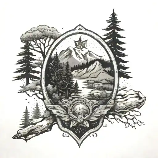 A Tattoo Of A Military Police Badge Surrounded By Wilderness Elements Like Trees And Mountains