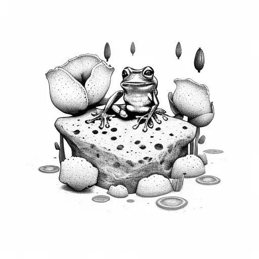 Frog Sitting On A Rock With A Guitar Behind And A Poppy