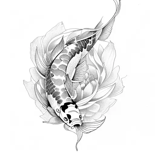 Koi Fish With Flowers Fine Lines