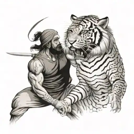 A Punjabi Warrior Facing Off Against A Mythical Tiger Creature In A Fierce Battle
