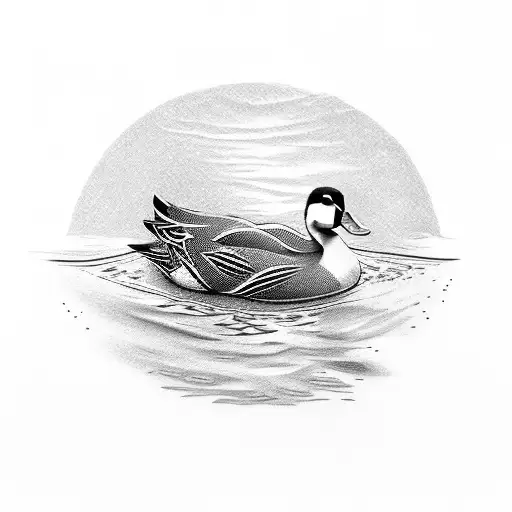 Duck On Water With Evergreen Tree