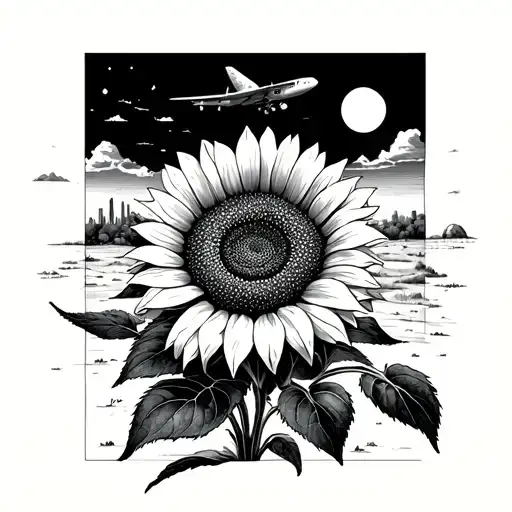 A Dotwork Tattoo Of A Sunflower Blooming In A Hot Desert Landscape With An Airplane Flying Overhead