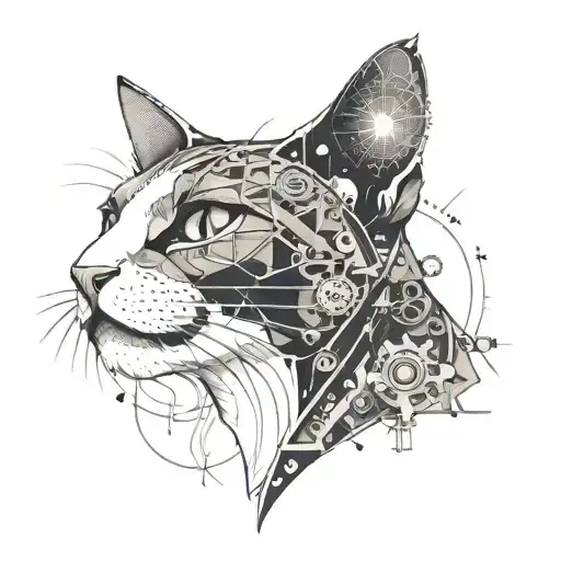A Dotwork Tattoo Of A Cat With Mechanical Elements Inspired By Anime Aesthetics
