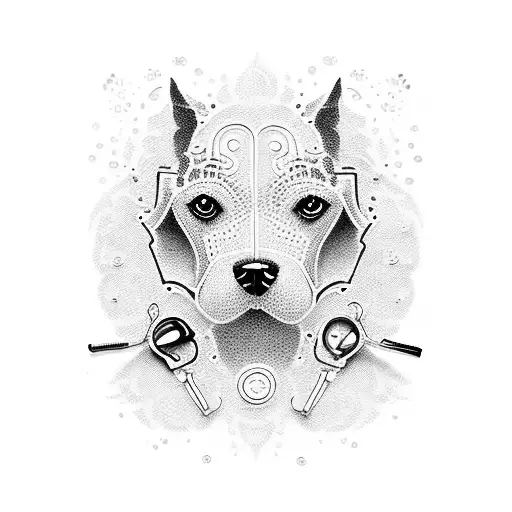 A Dotwork Tattoo Of A Dog Silhouette Surrounded By Intricate Depilation Tools