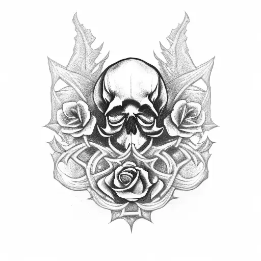 A Side Profile Of A Skull With A Crow On Top Of The Skull And Rose Vines Coming Out Of The Skull