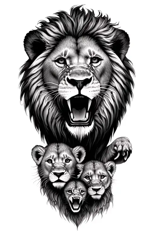 Lion Roaring Lion's Head With 3 Cubs Face Only