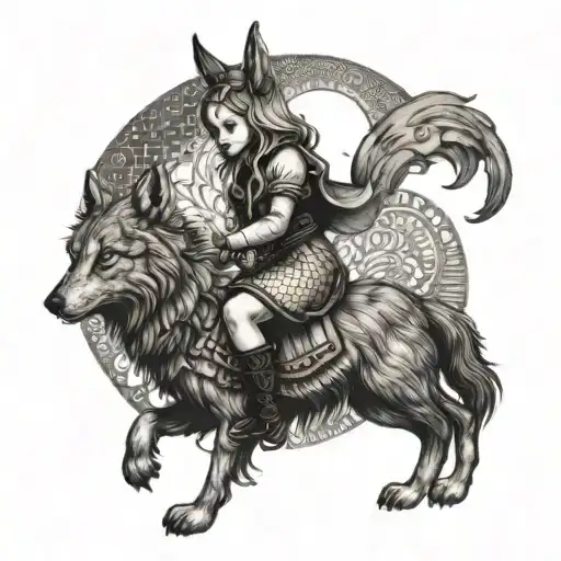 Alice Riding A Wolf Instead Of The White Rabbit