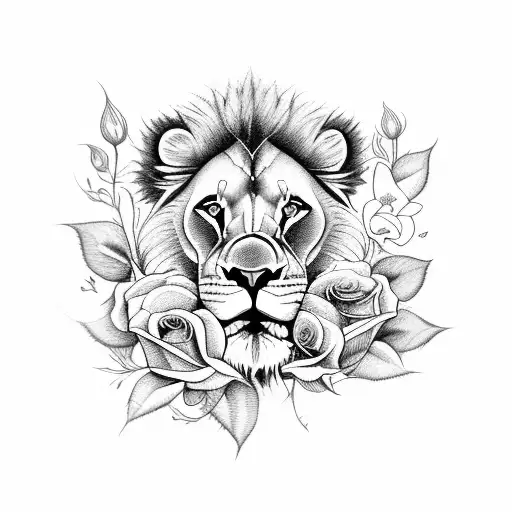 Lion With Roses That Starts From The Chest And Spreads To The Upper Arm