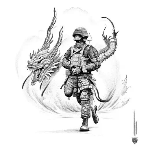A Dotwork Tattoo Of A Soldier In Full Military Gear Battling A Dragon In A Fiery Landscape
