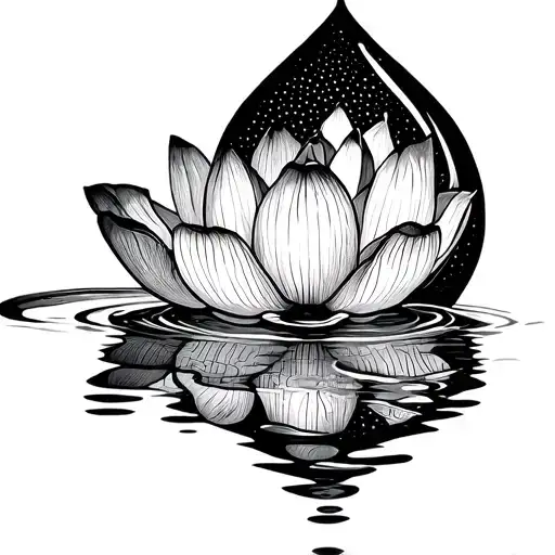 A Lotus Flower Inside A Water Droplet That Has A Small Reflection