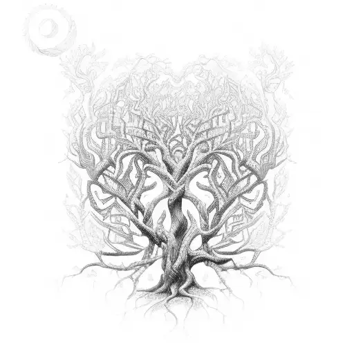 A Stylized Tree With Intricate Roots And Branches Intertwined With Geometric Shapes
