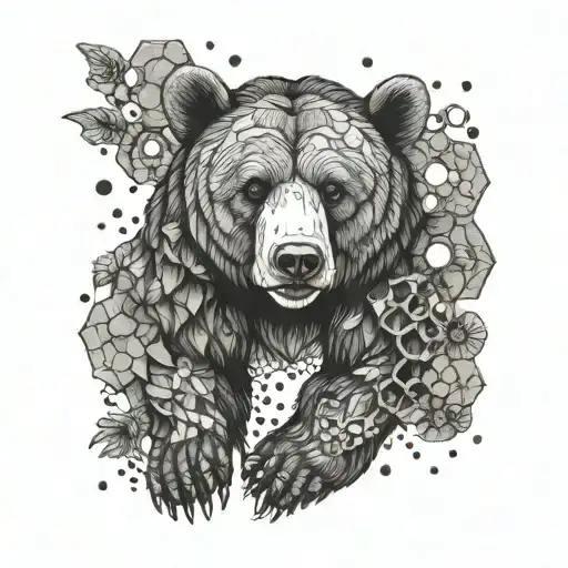A Bear Covered In Honeycomb Patterns Surrounded By Tiny Dinosaurs And Bees