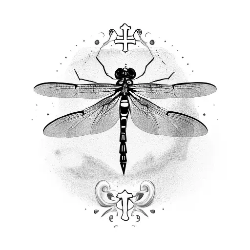 A Detailed Dragonfly Hovering Over A Cross On A Sandy Beach With Seashells Scattered Around