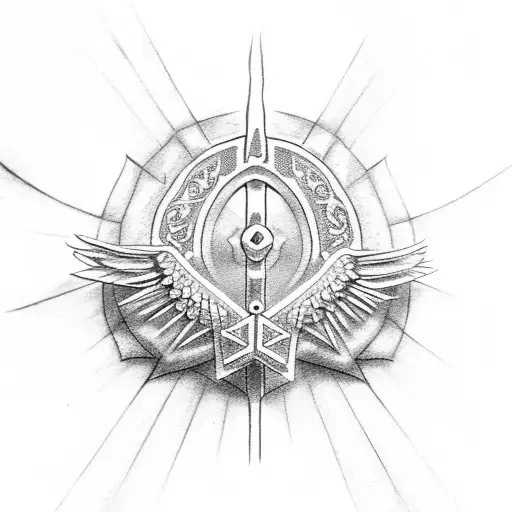 Hollow Cross With Angel Wings Behind It And Rays Of