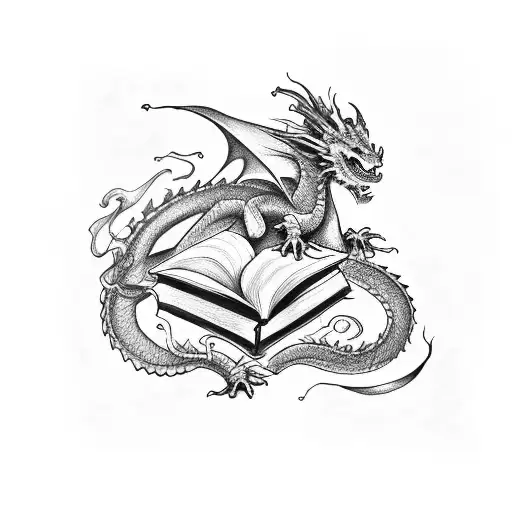 Dragon With A Book And Ink Written In Words In Inkstained Style