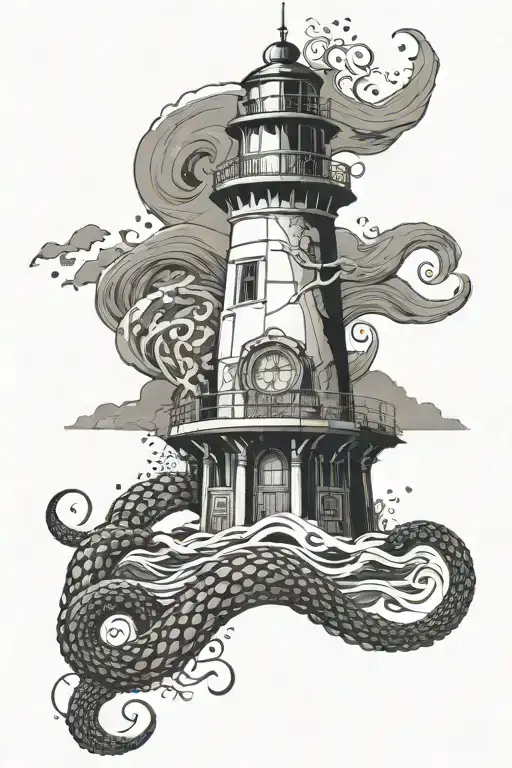 Tentacles Grabbing A Lighthouse Emerging From Sea Waves