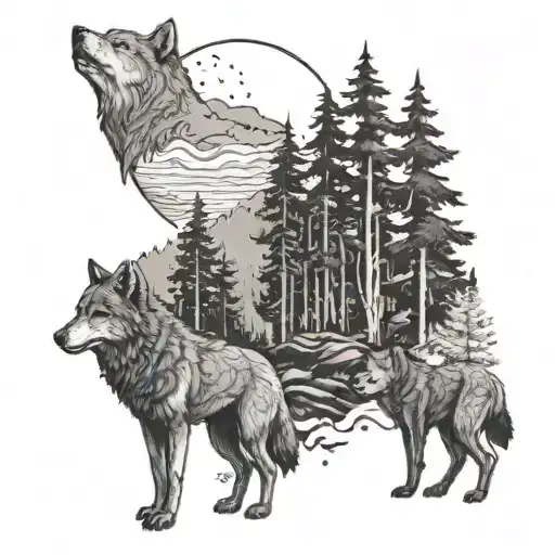 A Dotwork Tattoo Of A Heroic Figure Hiking Through A Mystical Forest With Wolves By Their Side
