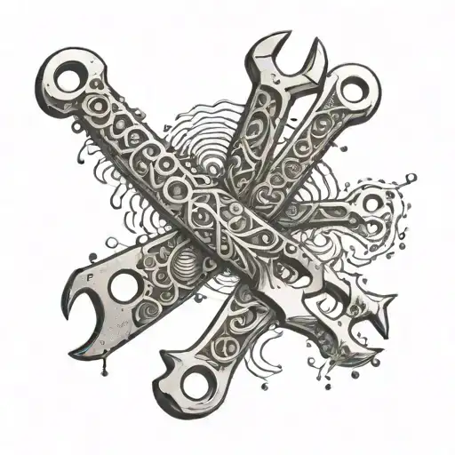 An Intricate Design Of Wrenches Intertwined With Ocean Waves