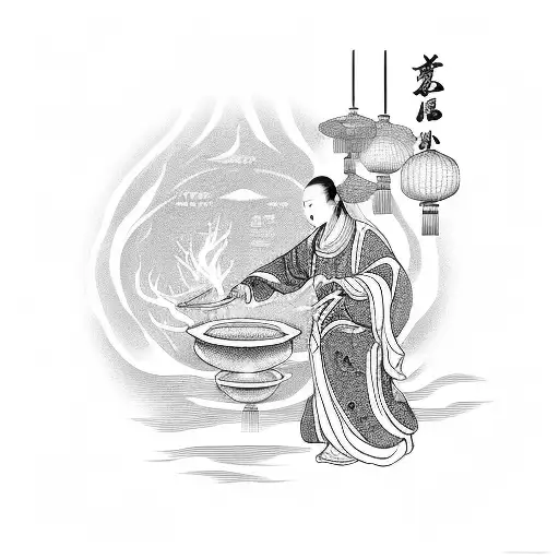 Old Chinese Goddess Of Oblivion Serving Soup Of Oblivion In The Underworld Near Bridge Of Oblivion