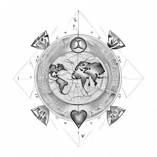 Generate A Tattoo On World Map With Heart On Left Side And Compass In Middle Of World Map