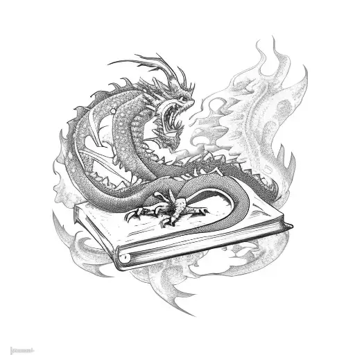 Sleeping Dragon Curled Over Books
